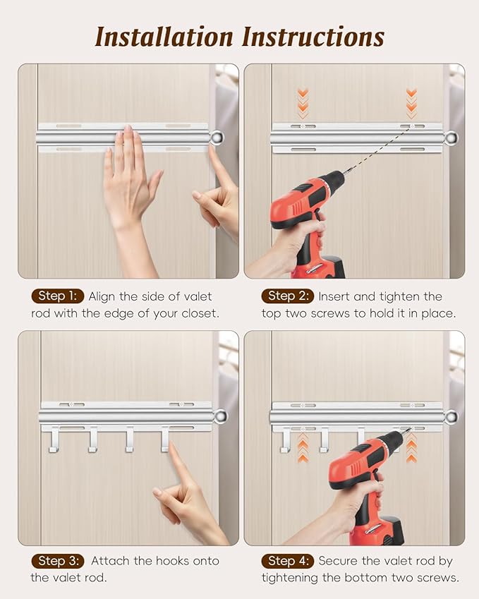 Valet Rod for Closets, 12" Valet Rod With 4 Large Hooks, Closet Organizer Slide Out Clothing Hanger Rods Extender Perfect for Suits,Dresses,Belt,Tie, Polished Chrome