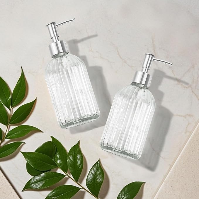 2 Pack Stripe Glass Soap Dispenser with Silver Plastic Pump, 400ml Liquid Hand Soap Dispenser, Rustproof Pump for Kitchen & Bathroom, Great for Lotions, Essential Oil, Liquid Soaps- (Transparent)