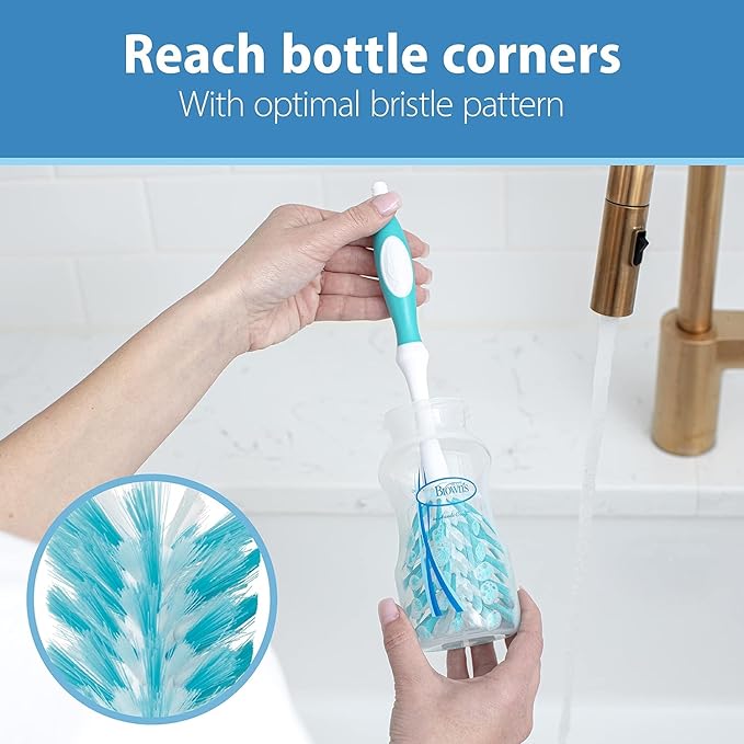 Dr. Brown's Reusable Sponge Baby Bottle Cleaning Brush, Blue and Gray + Deluxe Bottle Brush, BPA-Free, Blue, 3-Pack