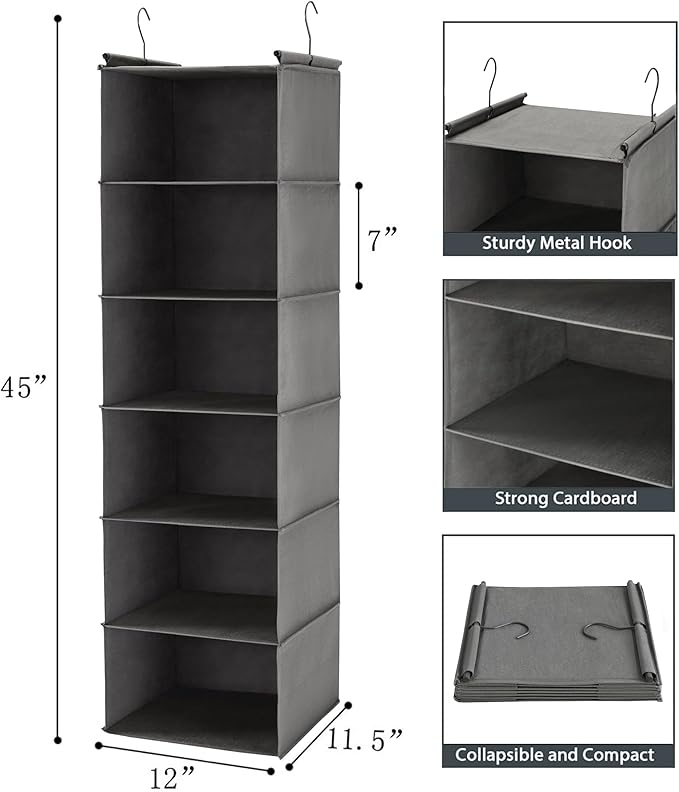 MAX Houser 6 Tier Shelf Hanging Closet Organizer, Closet Hanging Shelf with 2 Sturdy Hooks for Storage,2 Pack, Foldable (Grey)