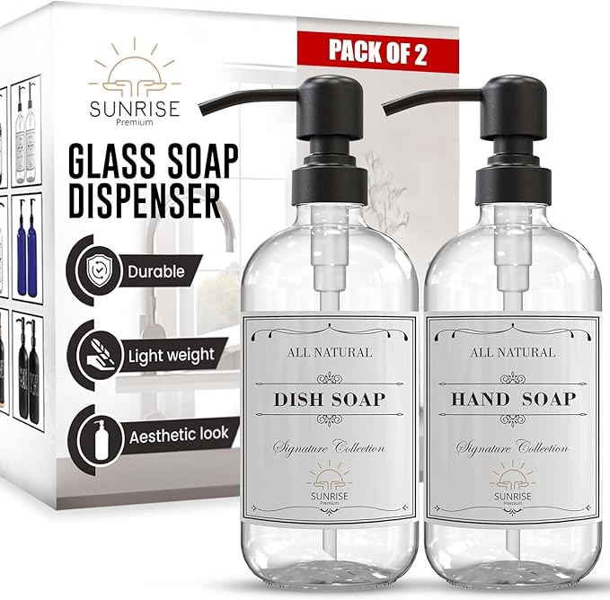 2 Pack Clear Glass Soap Dispenser 16 OZ with Matte Black Stainless Steel Pump, Hand and Dish Soap Dispenser Set for Bathroom and Kitchen Sink with 6 Waterproof Labels