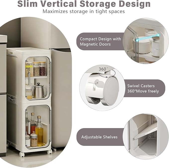 2-Tier Slim Bathroom Storage Cabinet, Narrow Storage Cabinet with Wheels, Adjustable Shelves, Magnetic Doors, Water-Proof, Anti-Tip Skinny Organizer Cabinet for Small Space, Cream White