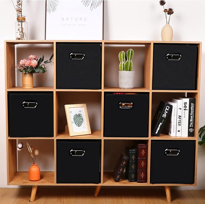 Fabric storage bins Cubes, Fabric Cube Organizer with Handle, Foldable Cube Bins for Cloth or Accessary Storage, 11x11x11, Set of 12, (Black)