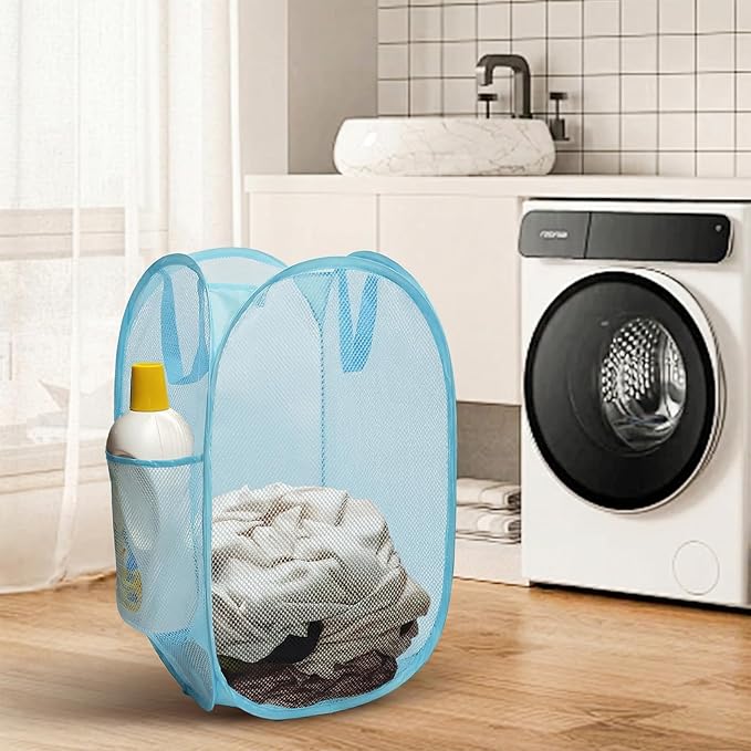 The upgraded pop-up laundry basket features a breathable side pocket mesh design, making it ideal for rooms, apartments, dormitories, travel, business trips, and children's storage (1,sky blue)