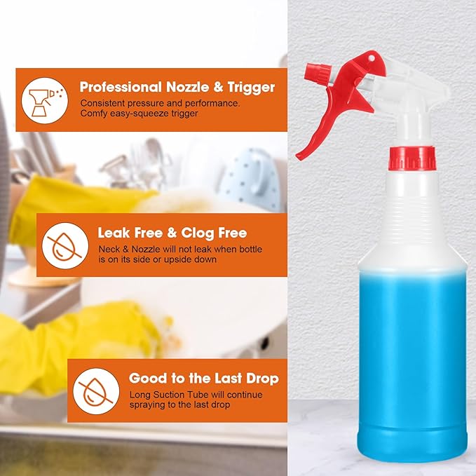 Eccliy 12 Pcs 16 Oz Plastic Spray Bottle, Adjustable Empty Reusable Sprayer for Cleaning, Planting, Water, Bathroom and Kitchen, BBQ, Commercial and Residential(Red,Smooth, Translucent)