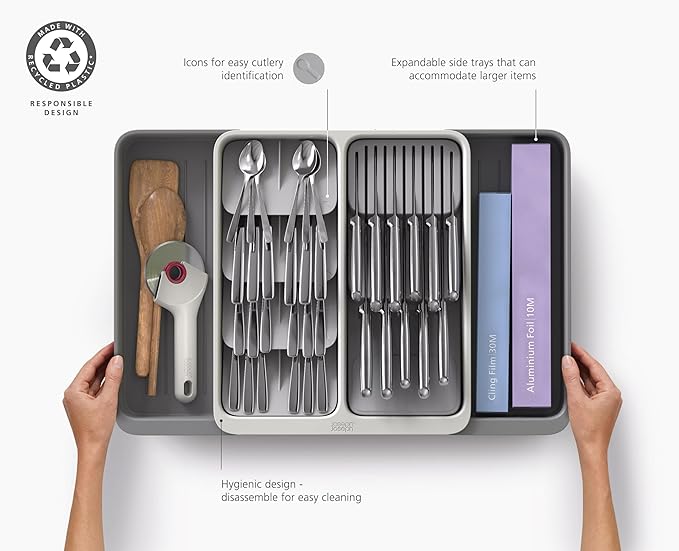 Joseph Joseph DrawerStore Expanding Tiered Flatware Cutlery Tray with Knife Organizer, Expandable In-Drawer Space-Saving Kitchen Storage, Recycled Plastic
