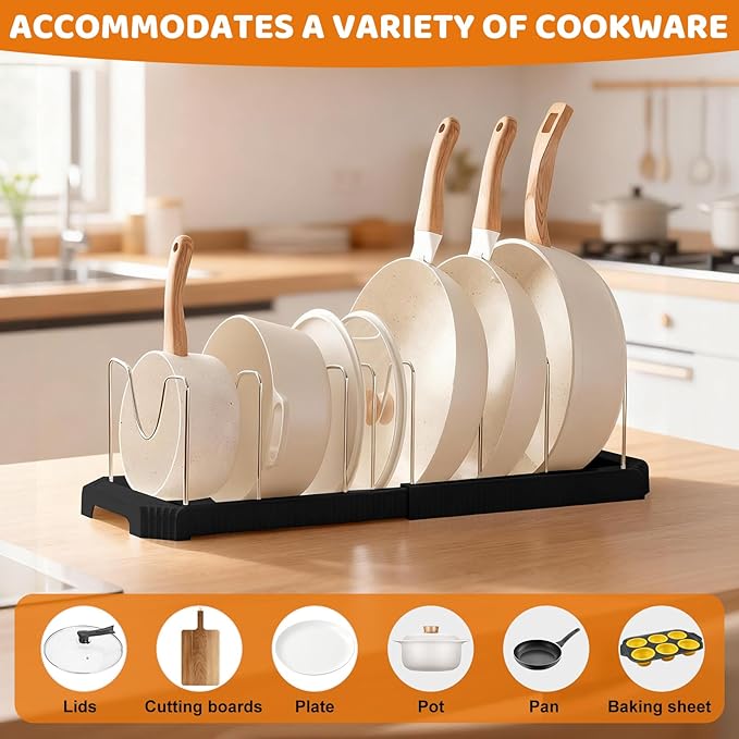 Pots and Pans Organizer Under Cabinet, 7-Slot Expandable Pot Rack Organizer with Cup Brush, Kitchen Pots and Pans Organizer for Cookware, Lids, Bakeware, Cutting Boards Tool-Free Installation (Black)