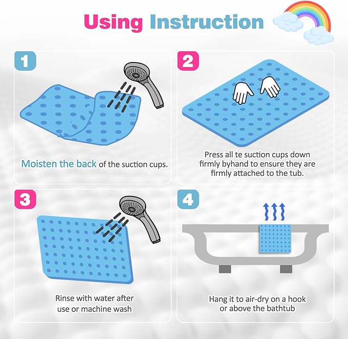 Joiyota Push Pop Bubble Bath Mat for Kids,Rainbow Large Non-Slip Silicone Tub Mat with Strong Suction Cups for Toddler,33x17.3 Inch Waterproof Shower Mat for Bathtub, Sensory Bath Pad with Drain Holes