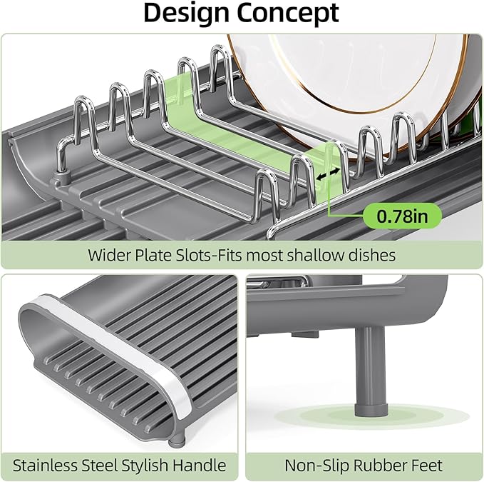 TOOLF Small Dish Drying Rack, Mini Expandable Compact Dish Rack, Slim Extendable Stainless Steel Dish Drainer for Kitchen Plate Storage, Space Saving Dish Strainer in Sink or on Home Countertop, Gray