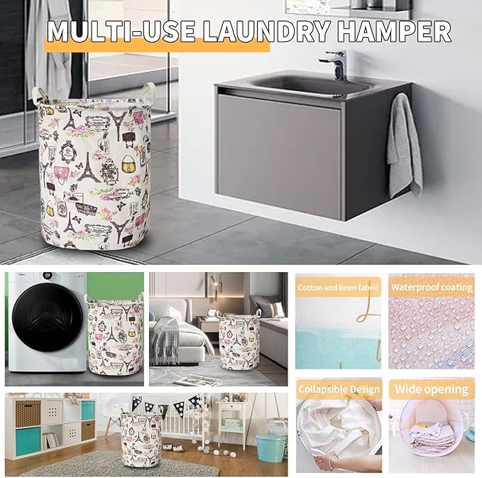Merdes 19.7’’ Waterproof Foldable Laundry Hamper, Dirty Clothes Laundry Basket, Linen Bin Storage Organizer for Toy Collection (Paris)