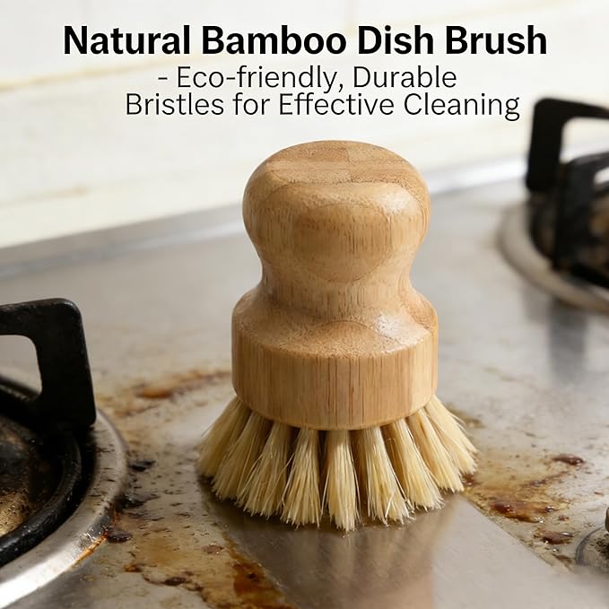 Bamboo Dish Brush Set with Handle - Kitchen Cleaning Brushes: Bottle Brush, Straw Cleaner & Vegetable Brush. Dish Scrub for Dishes, Sink, Pots, Pans, Cast Iron – Kitchen Scrub Brushes