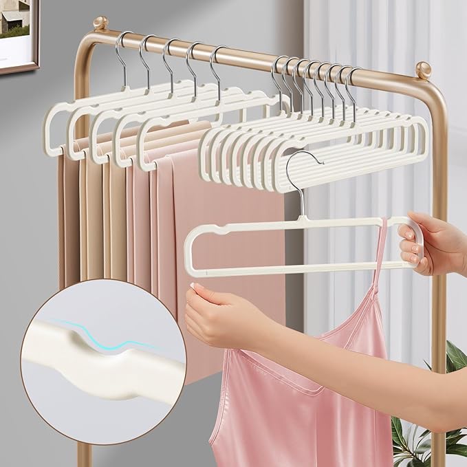HUADYMEET 14 Inch Soft-Touch Pants Hangers Non Slip, 20 Pack Slim Silky Feel Jeans Trousers Shorts Hangers with 10 Hooks,Strong Durable Thin Space Saving Clothes Hanger for Men Women,Skirts(Beige)