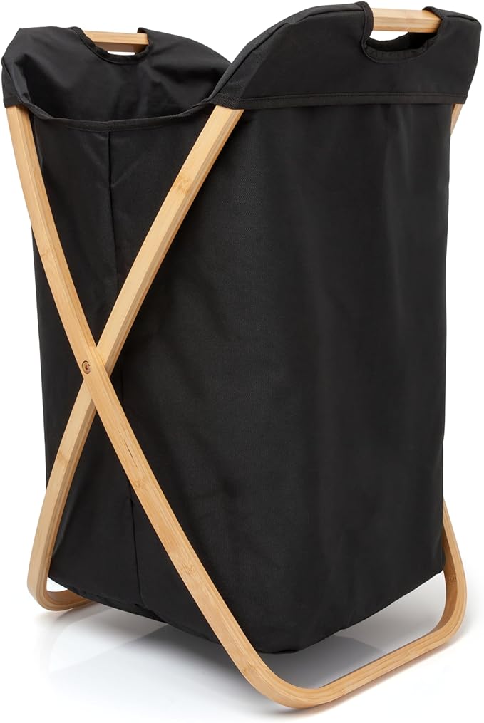 QUALIAZERO 72L Bamboo X-Frame Laundry Hamper – Foldable Single Section Clothes Basket with Removable Bag & Bottom Handle, Ideal for Bathroom, Bedroom, or Dorm (ONYX BLACK, X-FRAME)