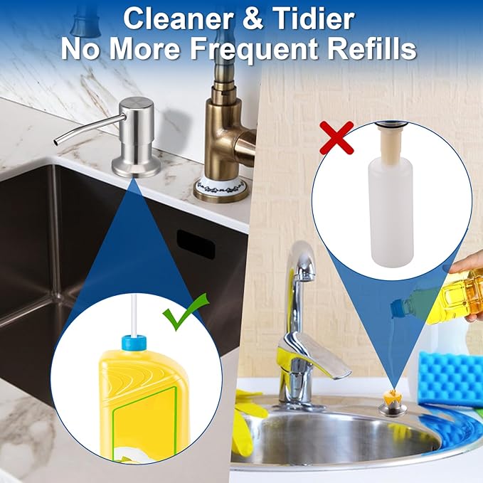 Soap Dispenser for Kitchen Sink, Built in Sink Soap Dispenser (Brushed Nickel), Countertop Dish Soap Dispenser Stainless Steel Pump with 47" Extension Tube kit, No Need to Frequent Refills