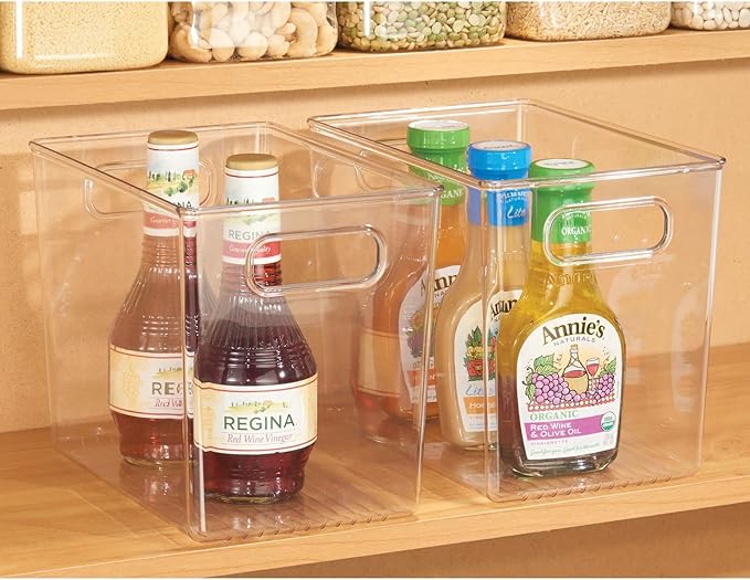 mDesign Plastic Modern Kitchen, Pantry Food Storage Container Bin w/ Handles - Cabinet, Fridge/Freezer, Countertop Organizer - Snacks/Drink/Appliances; Ligne Collection, Clear, 10x6.5x7.75 (Pack of 2)