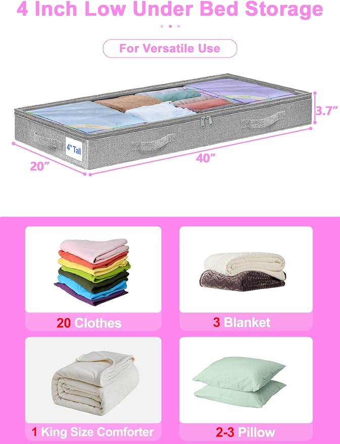 punemi Under Bed Storage Containers, Below 4 Inches Tall Low Profile Underbed Storage, NO STRUCTURE, Soft Foldable Underbed Cloth Storage Bags, Zipper Blanket Storage Container, 2Pack, 20x40x3.7in