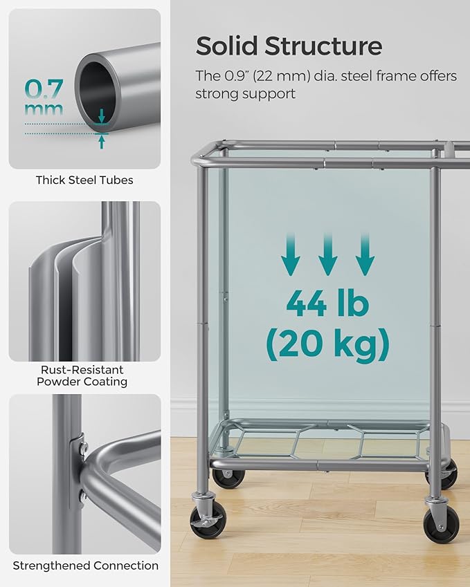 SONGMICS Laundry Basket with Wheels, 2-Section Rolling Laundry Hamper, 37 Gallons (140 L), Removable Liner, Steel Frame with Handle, 27.2 x 15.4 x 31.9 Inches, Dove Gray URLS004G01