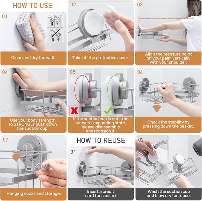 LEVERLOC Corner-adaptive Suction Cup Shower Caddies 2 Pack, Stainless Steel Rustproof Corner Shower Shelf, Large Capacity Removable Suction Cup Bathroom Organizer, Drill-Free Wall Mounted Basket, Gray