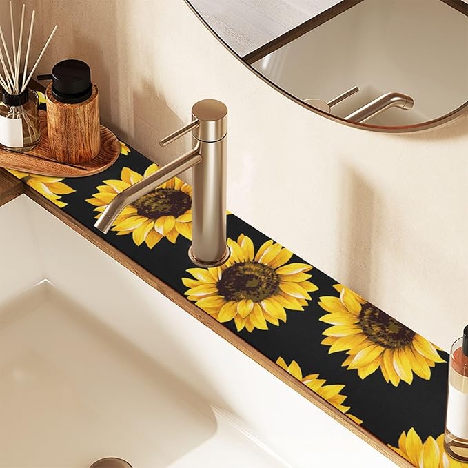Kitchen Sink Splash Guard Sink Faucet Mat Faucet Handle Drip Catcher Drain Mats for Kitchen Bathroom Countertop Absorbent Dish Drying Mat Pad 2pack 14.7x5.4Inch Sunflowers Black
