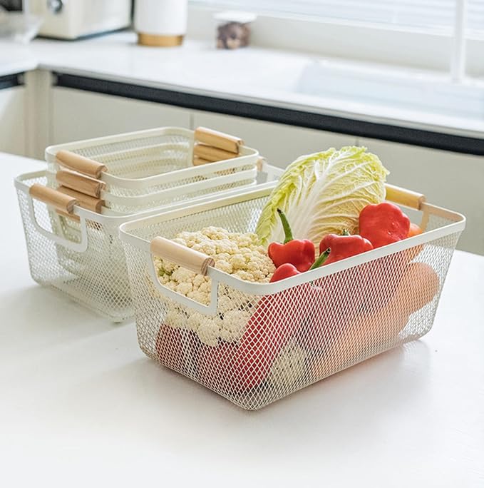 Metal Mesh Steel Basket, Medium Wire Storage Organizer Basket Multi-function Hanging Kitchen Basket with Wood Handle for Kitchen Bathroom Picnic Home, Rectangle-Off White