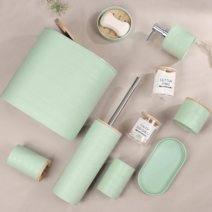 IMAVO Green Bathroom Set,26Pcs Bathroom Accessories Set with PVC Shower Curtain,Rugs,Trash Can,Tray,Soap Dispenser,Soap Dish,Toothbrush Holder,Toothbrush Cup,Toilet Brush Holder and Qtip Holders