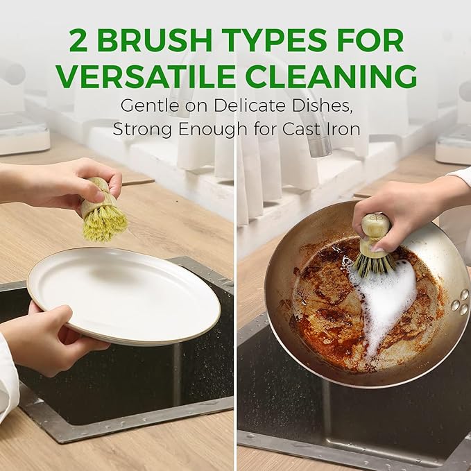 Bamboo Dish Brush Set of 3 - Natural Wooden Dish Scrubber w/Medium Stiff Sisal & Coconut Bristles - Kitchen Scrub Brush for Dishes, Pots & Pans - Plastic Free, Non Scratch Bristles