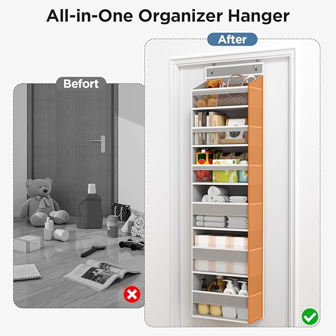 Over The Door Organizer, 6 Shelf Door Hanging Organizers with 6 Large Capacity Pockets, Behind Door Storage Hanging Shelves for Closet Wall Bathroom Bedroom Nursery