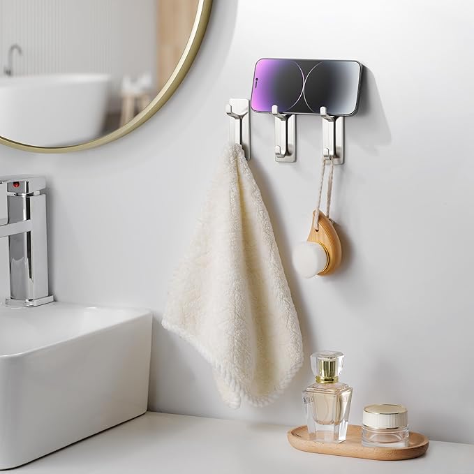 pickpiff Wall Hooks for Coat and Towel: 13LB Strong Adhesive Door Hanger Stick on, Brushed Nickel