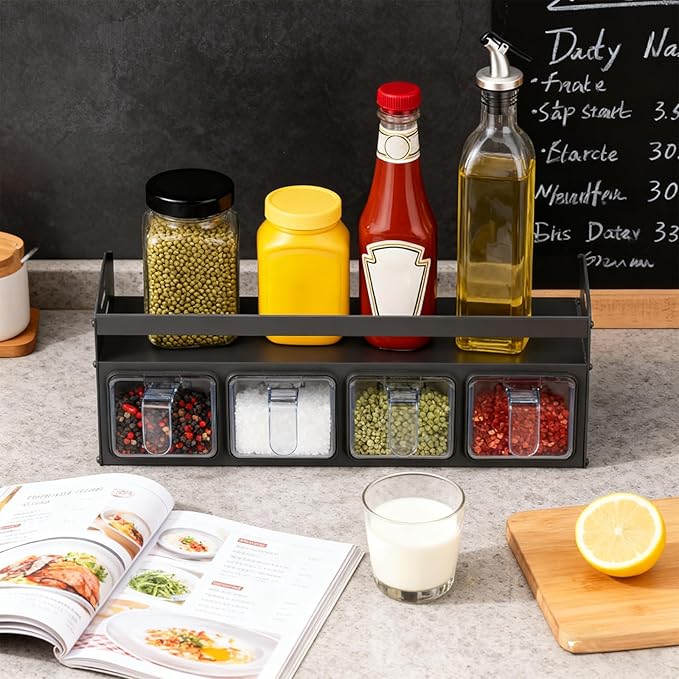 Kitchen Spice Rack, Kitchen Organizer and Storage Rack with 4 Spoons, Spice Organization for Cabinets Punch-free Wall/Countertop Home Decor Multifunctional Double Layer 4 Grid Condiment Rack, Gray