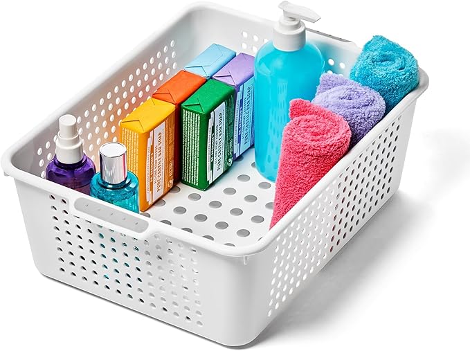 madesmart Medium Storage Basket, Multipurpose Organizer with Soft-Grip Handles, Ventilated Design for Laundry, Bath & Kitchen Storage, White, 14 x 10 x 5"