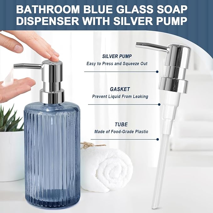 Blue Bathroom Accessories 5 Pcs, Glass Bathroom Accessory Set, Vintage Blue Bathroom Set, Royal Soap Dispenser and Toothbrush Holder Set, Qtip Holder, Small Flower Vase, Modern Bathroom Decor