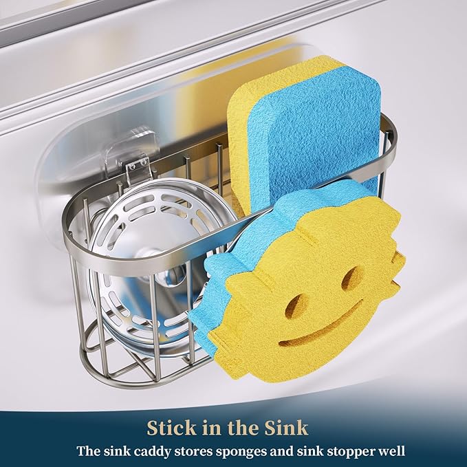 Consumest Sponge Holder Smiley Face - Kitchen Sink Caddy, Sink Organizer with Removable Suction Cups & Adhesive Strips, Suit for Sponge, Soap, Sand Nickel