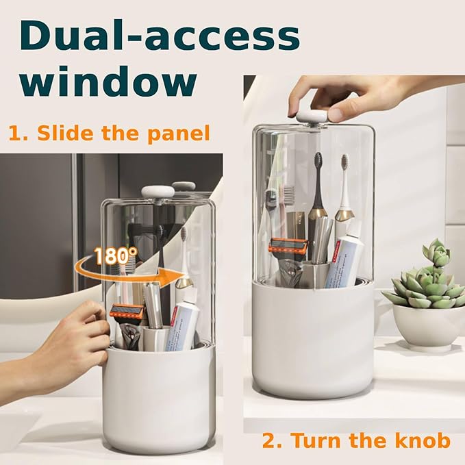 YOOLENS Toothbrush Holder with Cover 360 Rotating 4 Compartments Bathroom Toothpaste Electric Toothbrush Organizer, White