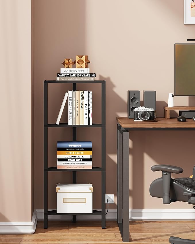 TUTOTAK Corner Shelf, 4-Tier Corner Bookshelf for Small Space, Narrow Display Corner Shelf Stand with Storage Rack, for Living Room, Bedroom, Black BS05BK004L