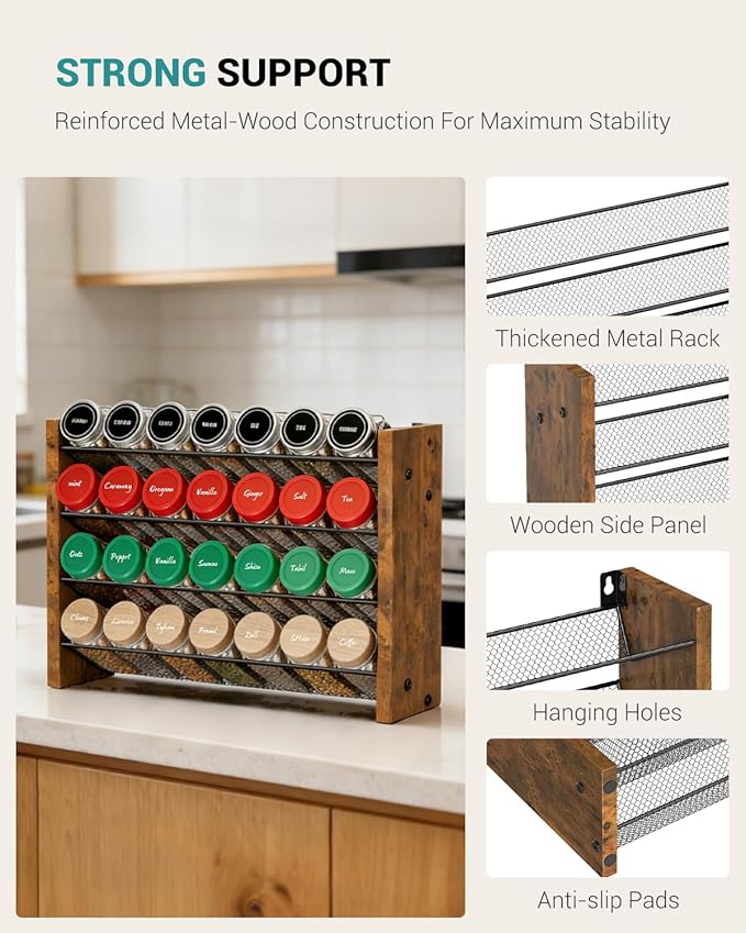 NESAPTO Spice Rack Organizer for Cabinet, Wooden 4 Tier Vertical Seasoning Organizers for Kitchen Pantry, Countertop/Wall Mount, Holds 28 Spice Jars (No Jars Included), 14" W × 9.4" H