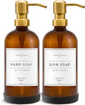 Vine Creations Amber Glass Soap Dispenser, 2 Pack Kitchen Soap Dispenser Set with Stainless Steel Pump, 16 oz Dish Soap and Hand Soap Dispensers for Bathroom with Waterproof Labels