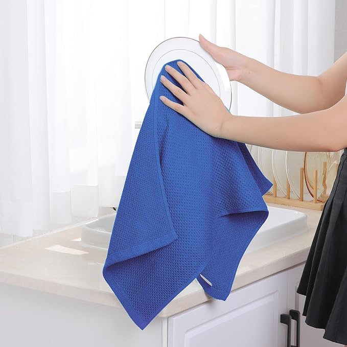 Homaxy 100% Cotton Waffle Weave Kitchen Dish Towels, Ultra Soft Absorbent Quick Drying Cleaning Towel, 13 x 28 Inches, 6-Pack, Blueberry