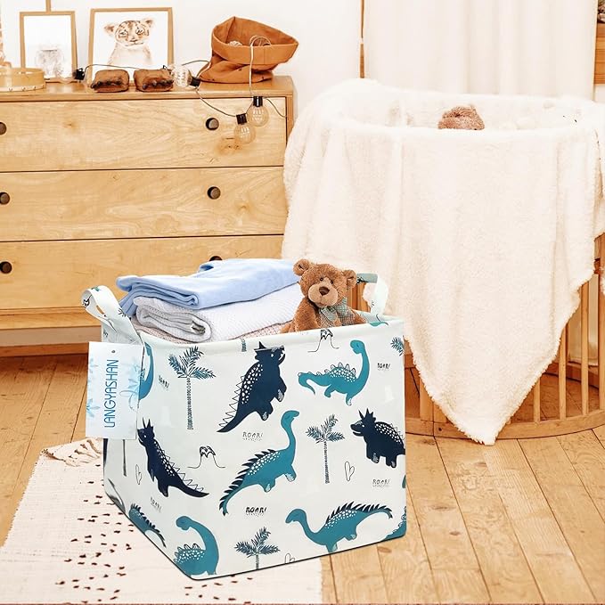 LANGYASHAN Square Storage Baskets Waterproof Canvas Children Laundry Nursery Hamper for Shelves Gift Baskets Toy Organizer Room Decor (Square Dinosaur)