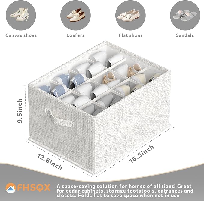 FHSQX 2 Pack Shoe Organizer for Closet,Foldable Shoe Organizer,Fits up to 24 Pairs,Storage Containers With Bottom Support for Shoes (Whtie, 16.5 * 12.6 * 9.5in)