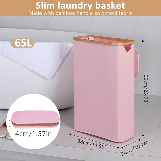 65L Slim Laundry Hamper, Narrow Laundry Basket with Lid,Foldable Clothes Hamper with Bamboo Handles,Hamper Basket with Removable Inner Bag for Laundry Room Bedroom College Dorm,17.17 Gals Pink