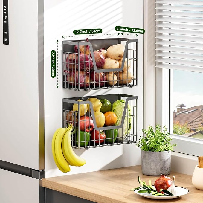 Grey Magnetic Shelf for Fridge, 2 Set Potato and Onion Storage Bins, Magnetic Fruit Basket for Fridge Pantry Organizers & Storage, Magnetic Spice Rack for Refrigerator Kitchen Counter, Cabinet