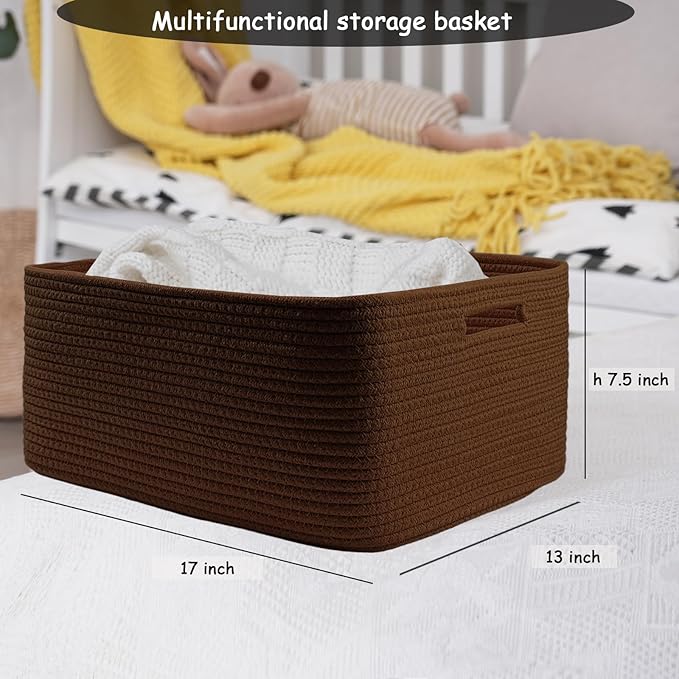 COMFY-HOMI 3 pcs Large Storage Baskets for Shelves, Laundry Basket, Woven Rope Basket, Closet Organizer Bins for Clothes Blanket Towels, Baby Nursery, Gift Toy Baskets, 17” x 13” x 7.5”-Dark Brown
