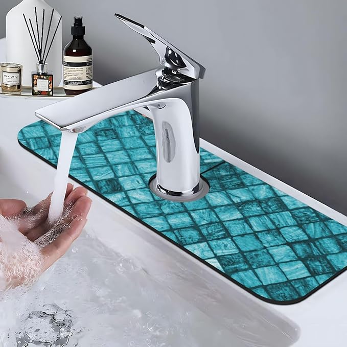 Faucet Draining Mat For Kitchen Sink, Cyan Square Marble Diatom Mud Absorbent Drain Pad For Bathroom Kitchen Sink Splash Guard Drying Mat