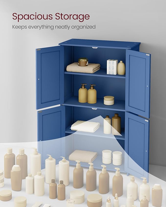 VASAGLE Floor Storage Cabinet, Shaker Cabinet with 2 Adjustable Shelves, 4 Doors, Tall Freestanding Organizer Unit, for Kitchen Bathroom Living Room, Bijou Blue UBBC553QE01S