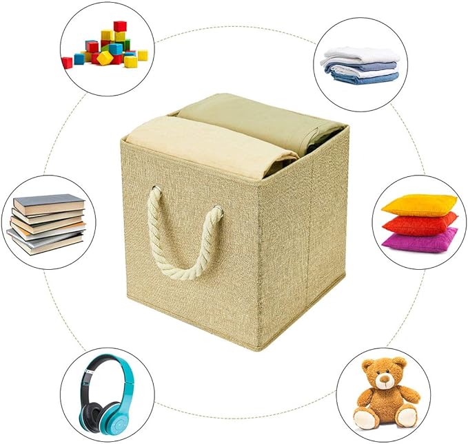 i BKGOO Foldable Storage Cube Bins Khaki Linen Fabric Collapsible Resistant Basket Box Organizer with Cotton Rope Handle for Home Office and Nursery 10.5x10.5x11 inch