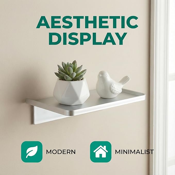 EHKIT Small Floating Shelf Heavy Acrylic Adhesive Stick on Sticky Strips/Nail Screws Wall Mount Bathroom Organizer Wipes Phone Glasses Essential Oil Perfume (Silver)