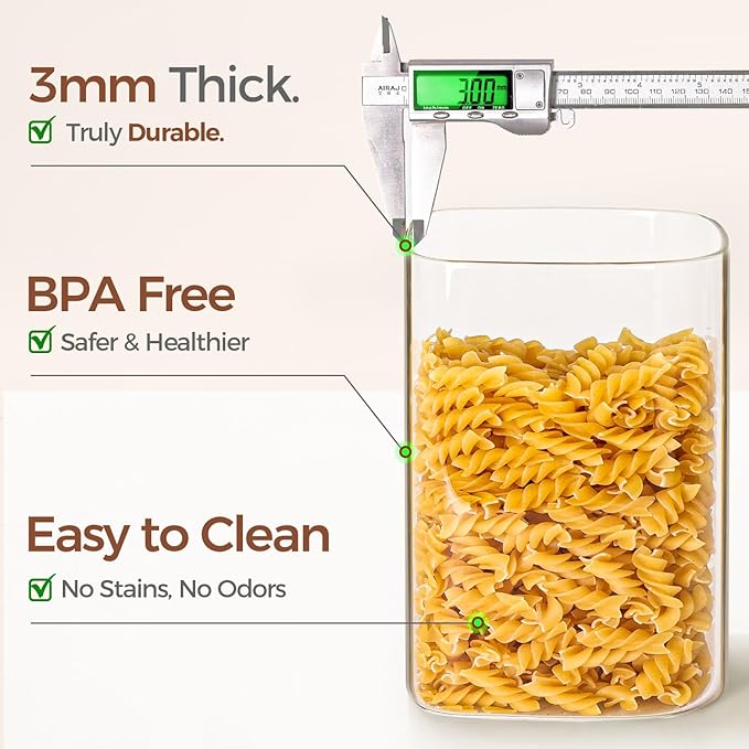 ComSaf 3.6Qt Glass Food Storage Containers, Cereal Storage Containers with Airtight Lids, Large Square Glass Jars with Bamboo Lids, for Rice, Pasta, Oats, Grains, Coffee Beans