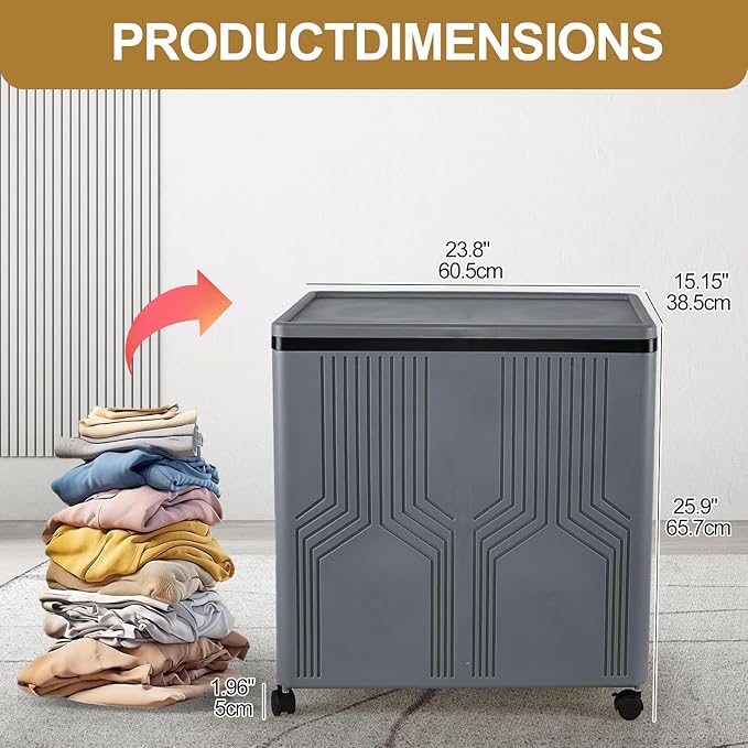 130 L Large Double Laundry Basket with Wheels Plastic, Rolling Laundry Basket with Lid and Removable Bag, Large Collapsible Laundry Hamper with 2 Sections, Gray