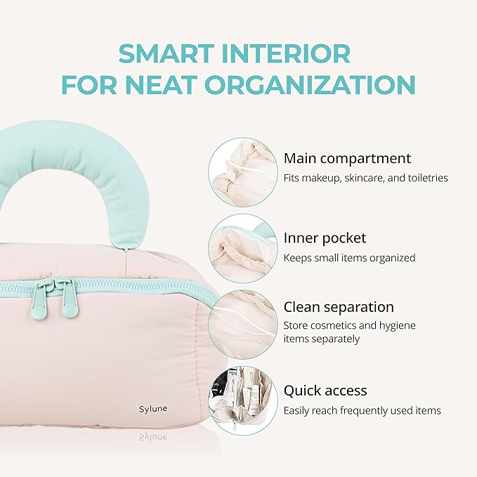 Tuck Hanging Toiletry Bag - Water-Resistant Travel Makeup Organizer with Spacious Compartments & Padded Handle for Women (Blush Petal & Mint) (Fold Travel Makeup Bag)