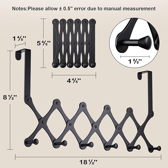 SCUNDA Expands Over The Door Hook Rack, Heavy Duty No Drill Hooks for Bathroom, Bedroom, Kitchen, Closet - Over The Door Hanger for Towels, Robes, Bags, Coats(Black)